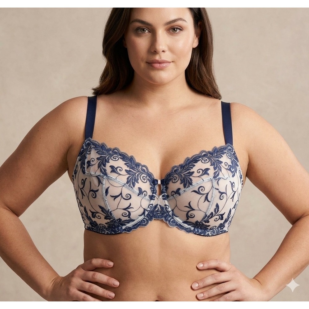 Soma Sensuous Lace Unlined Underwire Bra Navy Blue Ivory Floral 38G